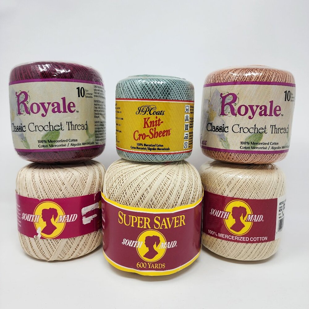 Vtg Lot of 6 JP Coats Royale & South Maid 100% Mercerized Cotton Crochet Thread